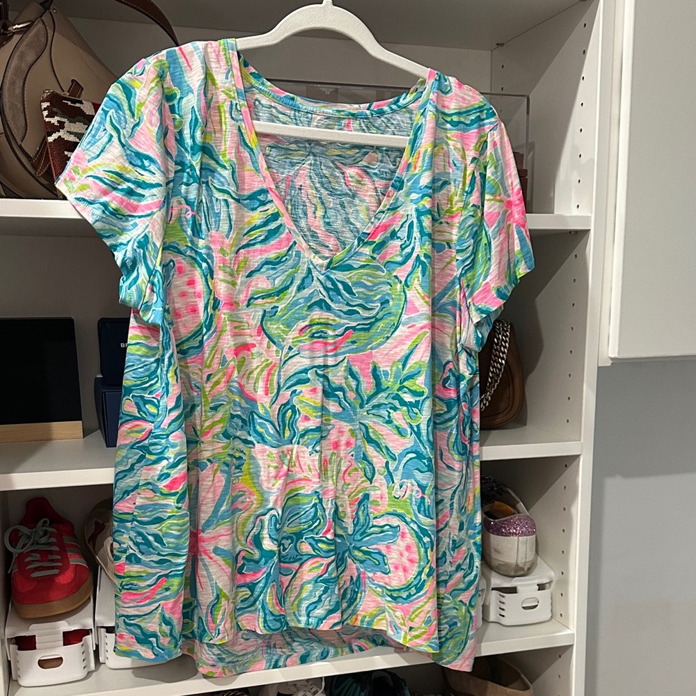 Lilly Pulitzer Vibrant V-Neck Tee in Pink, Blue, and Green